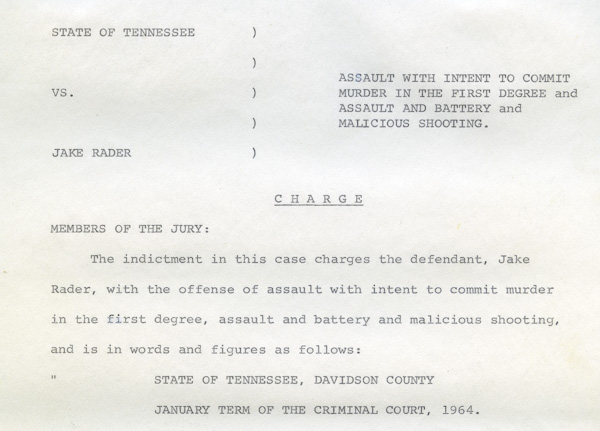 Official Charges from the Criminal Court Case File for the State vs. Jake Rader