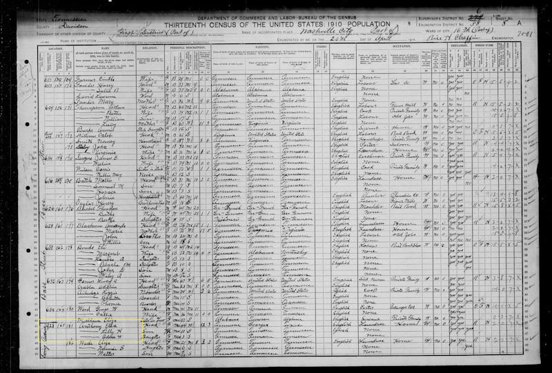 1910 Census with family member of Anthony family 