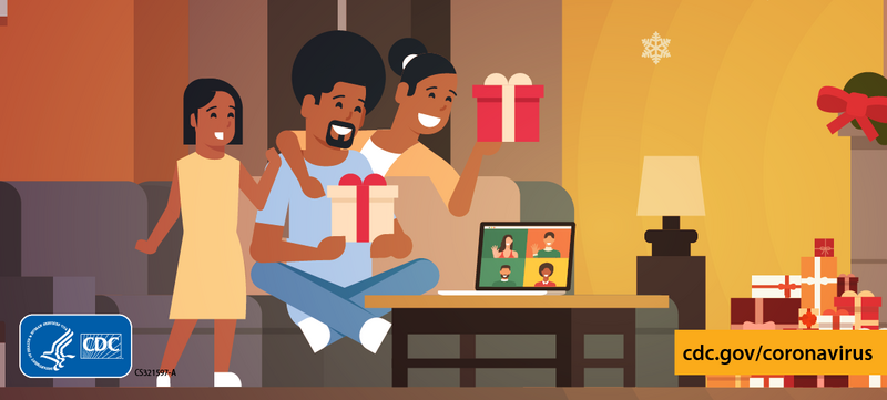 two adults and a child opening presents over a video call