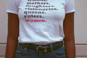 woman wearing t-shirt with text