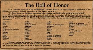 Tennessean clipping with "roll of honor" or legislators that voted with "aye"