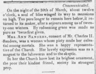 National Banner and Nashville Whig obituary for Ann Rawlins Sanders